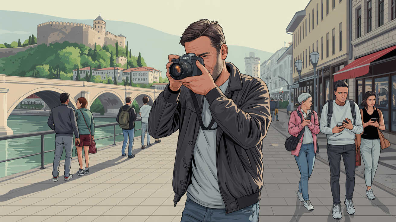 Illustrated scene of a detective with a camera conducting surveillance in Skopje, North Macedonia; Detective Agency North Macedonia, Detective North Macedonia, Private Detective North Macedonia, Private Detective Agency North Macedonia