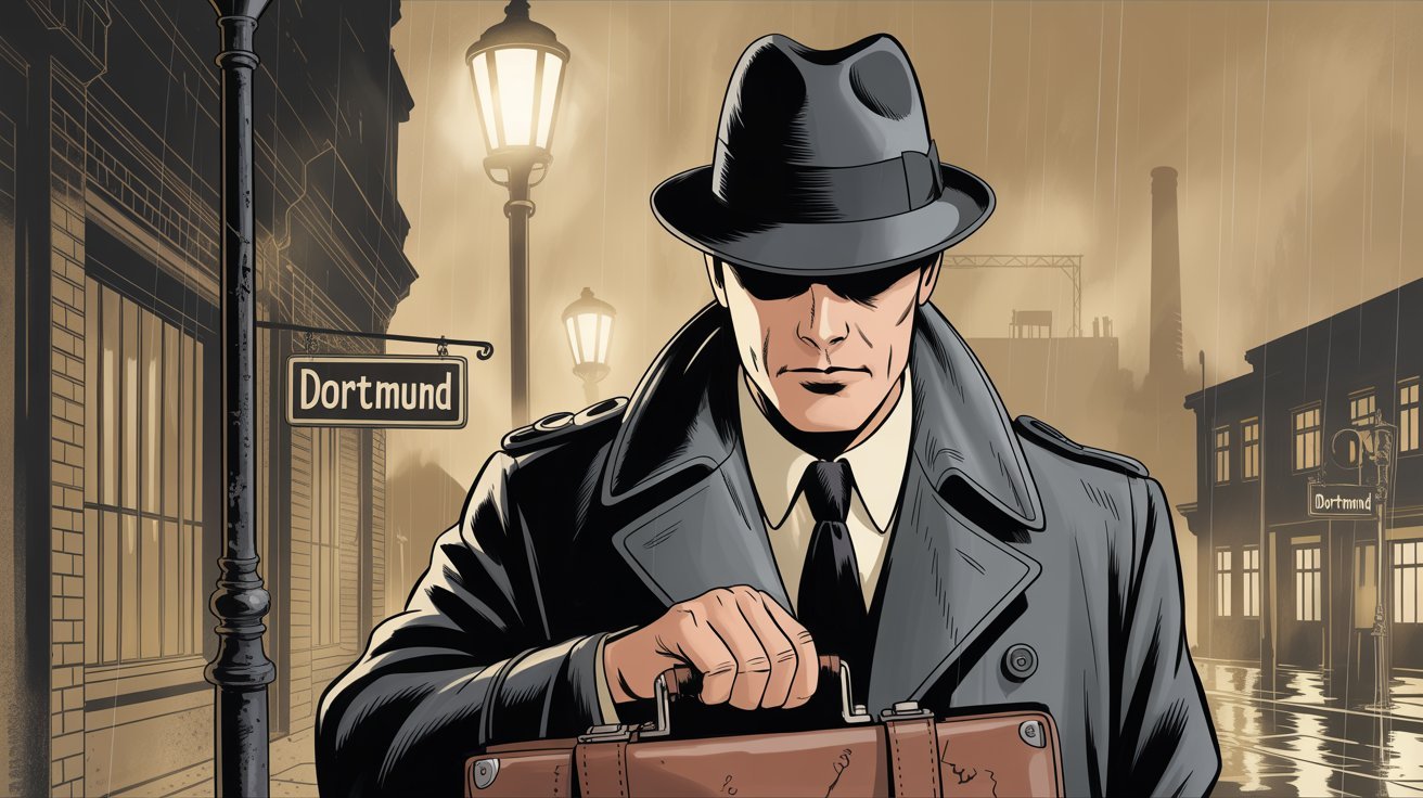 Comic-Detektiv mit Aktenkoffer vor Industrie-Kulisse und Schild "Dortmund"; Wirtschaftsdetektei in Dortmund, Wirtschaftsdetektiv in Dortmund, Wirtschaftsermittler in Dortmund, 
