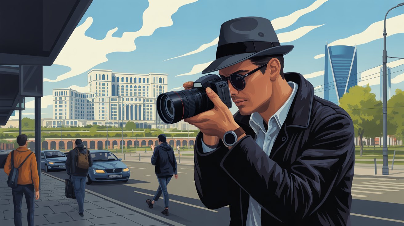 illustrierte Szene eines Detektivs mit Kamera in Bukarest (Rumänien) mit dem rumänischen Parlament im Hintergrund; Detektei Bukarest (Rumänien), Detektiv Bukarest (Rumänien), Privatdetektiv Bukarest (Rumänien), Privatdetektei Bukarest (Rumänien)