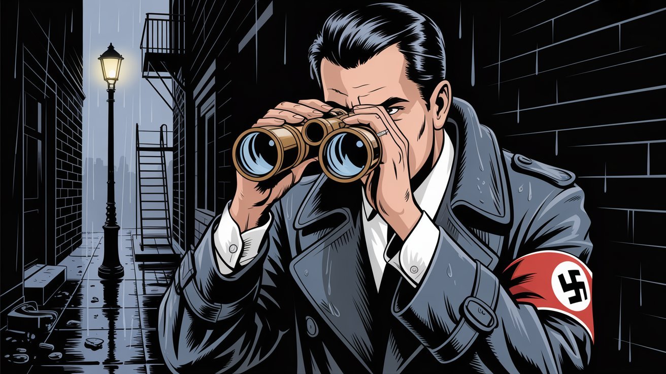 Comic-Detektiv mit Fernglas und NS-Armbinde (Hakenkreuz); Detektei in Dortmund, Detektiv in Dortmund, Privatdetektiv in Dortmund, Privatermittler in Dortmund