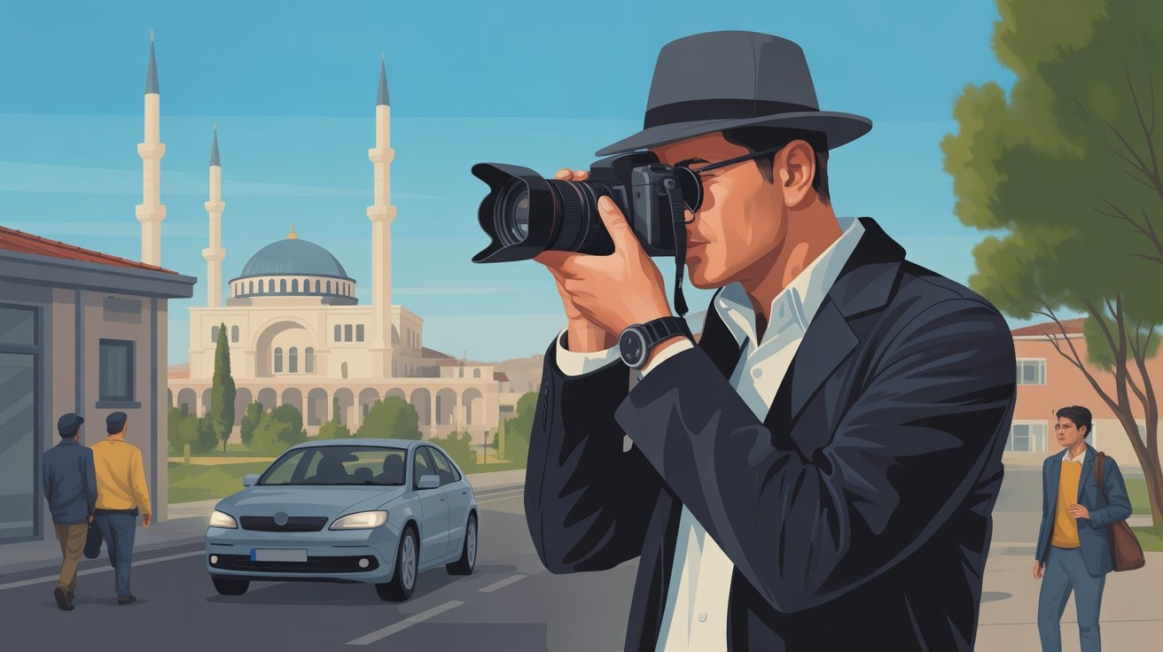Comic-Stil-Detektiv mit Kamera in Belek (Türkei); Detektei Belek (Türkei), Detektiv Belek (Türkei), Privatdetektiv Belek (Türkei), Privatdetektei Belek (Türkei)