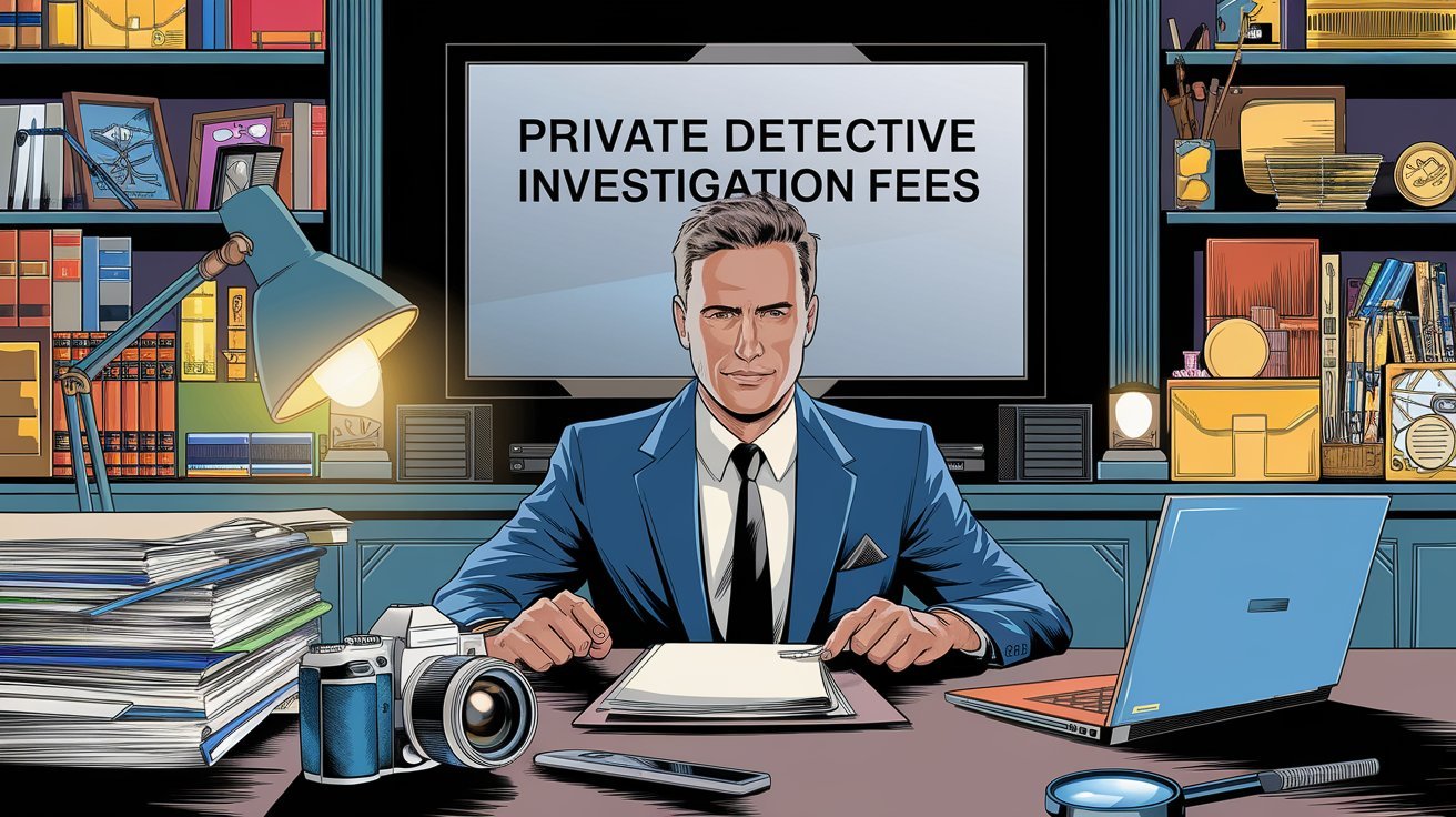 comic style detective at his desk; investigation fees Dortmund Germany, private detective costs Dortmund Germany, detective agency fees Dortmund Germany