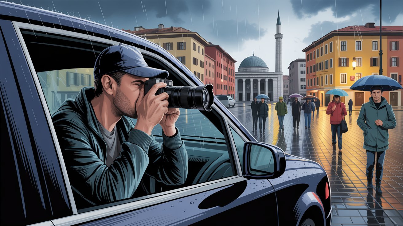 illustrierte Szene eines Detektivs mit Kamera bei Observation im Auto in Albanien; Detektei Albanien, Detektiv Albanien, Privatdetektiv Albanien, Privatdetektei Albanien